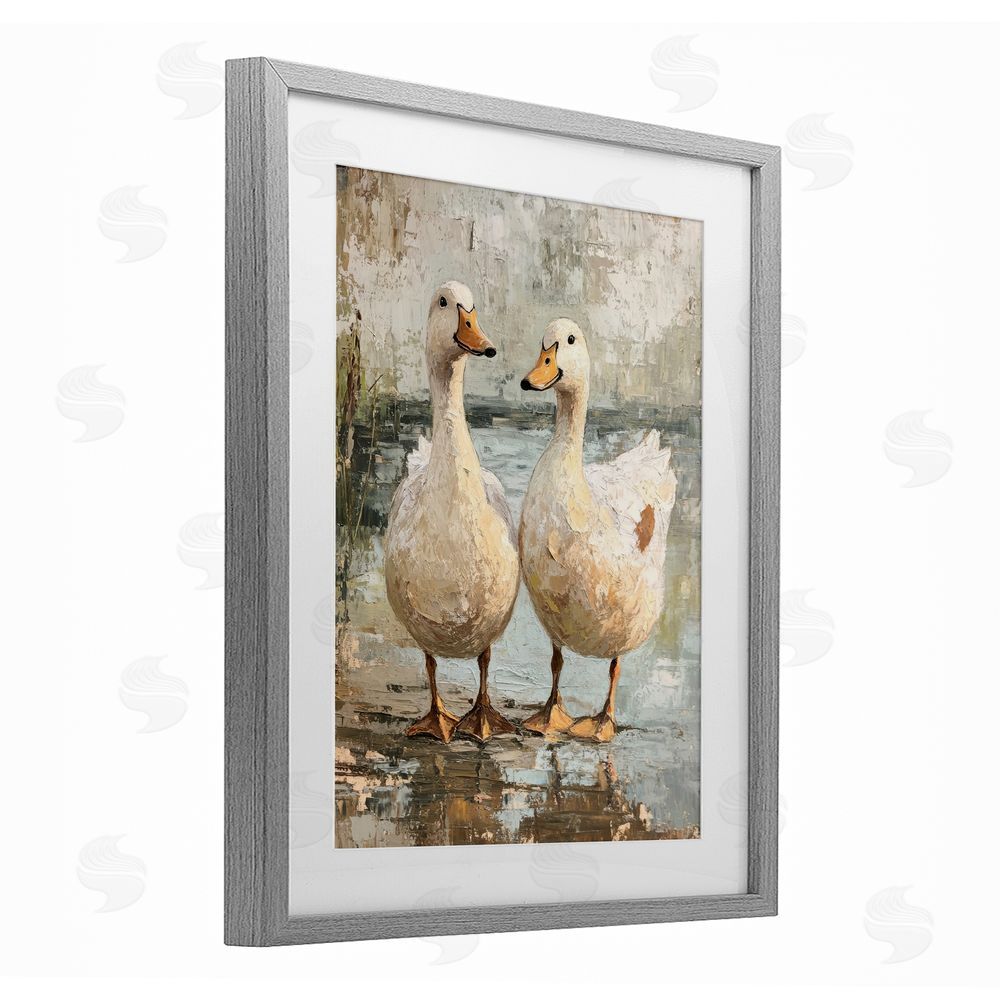 Petal Prints Design Partner Ducks Abstract Pond Gray Framed Print Under Glass with White Mat Wall Art