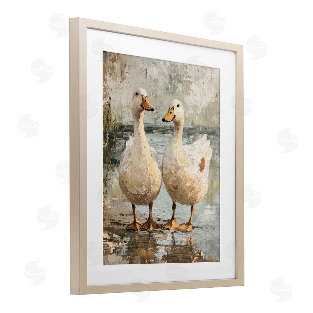 Petal Prints Design Partner Ducks Abstract Pond Birch Framed Print Under Glass with White Mat Wall Art