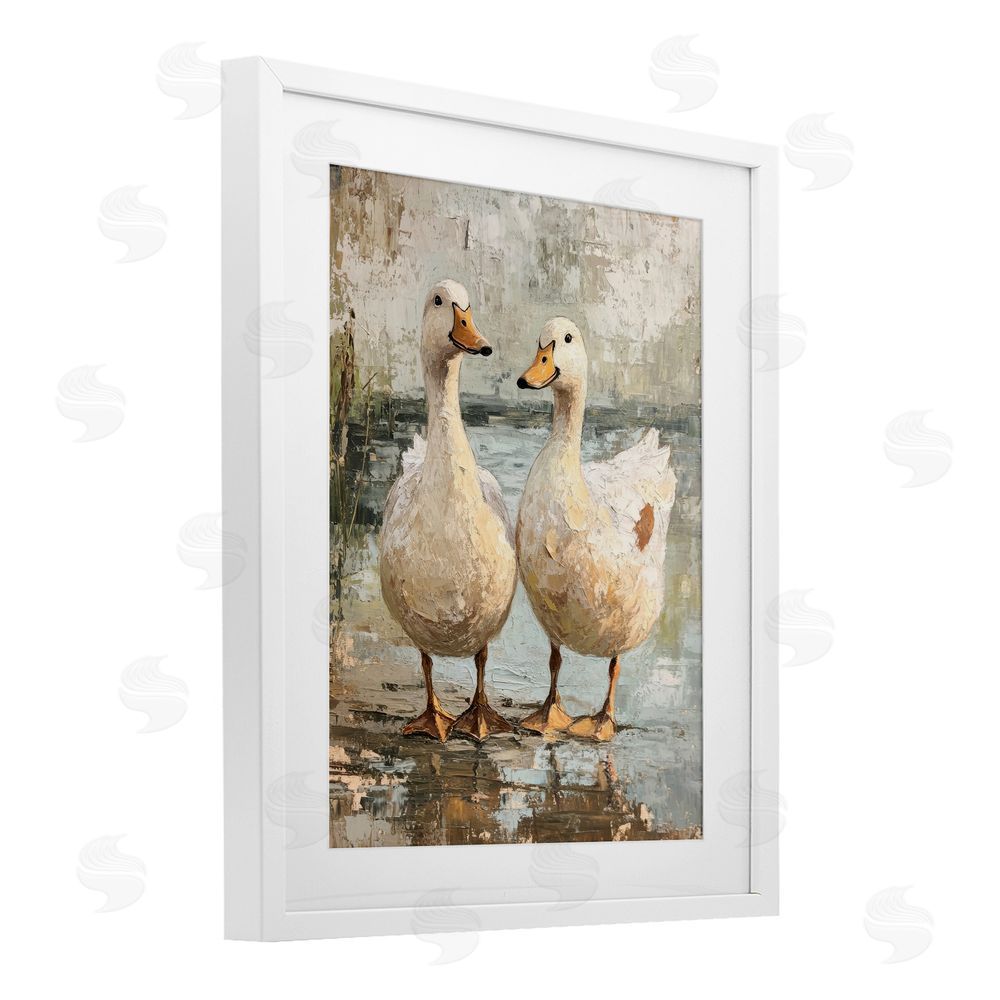 Petal Prints Design Partner Ducks Abstract Pond White Framed Print Under Glass with Mat Wall Art