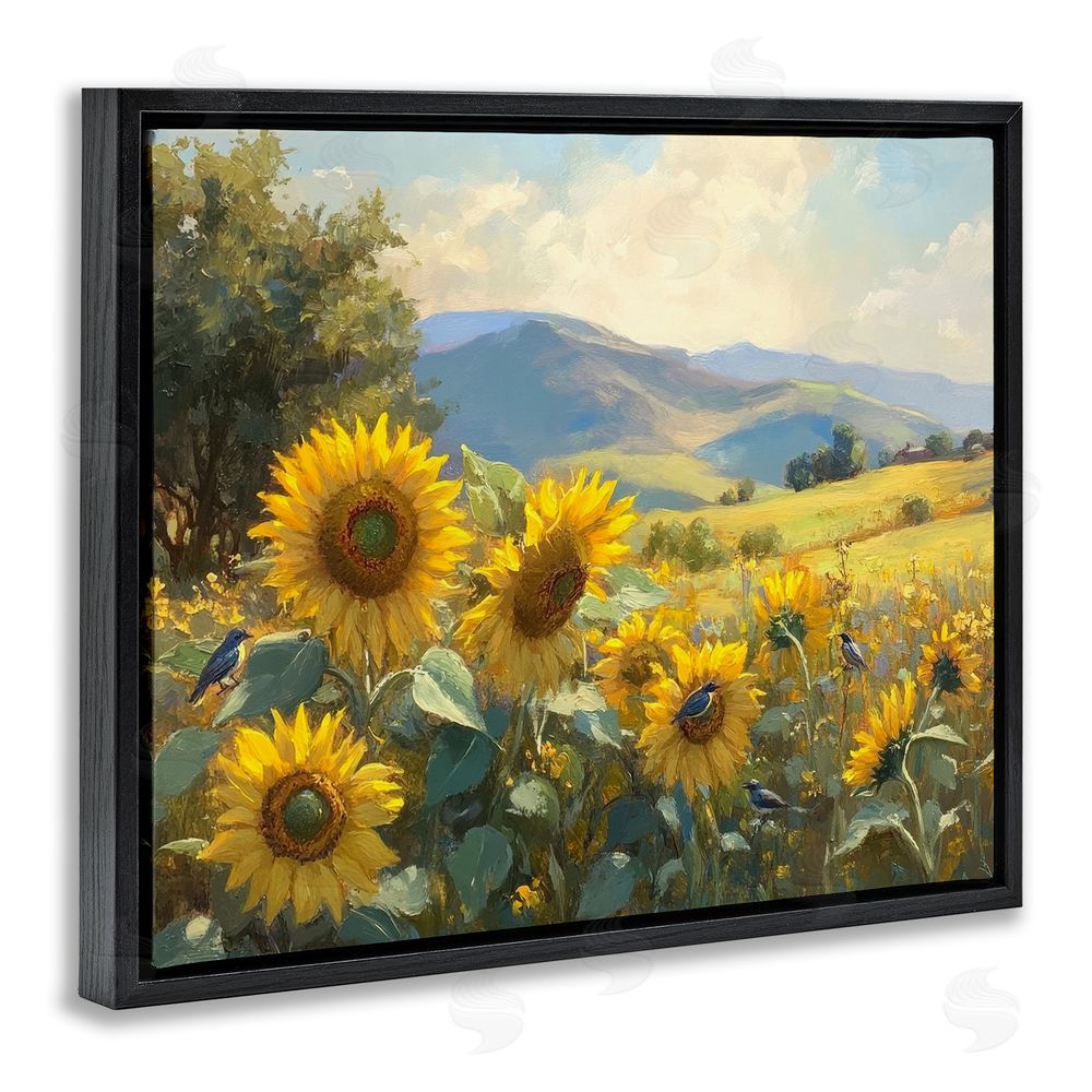 Petal Prints Design Sunflower Dream Distant Mountains Black Floating Frame Canvas Wall Art Print