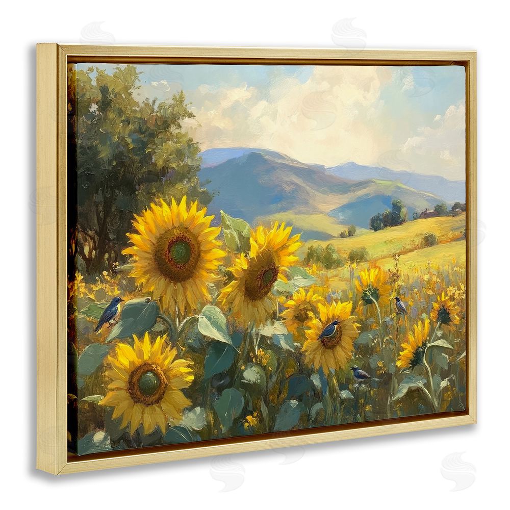 Petal Prints Design Sunflower Dream Distant Mountains Gold Floating Frame Canvas Wall Art Print