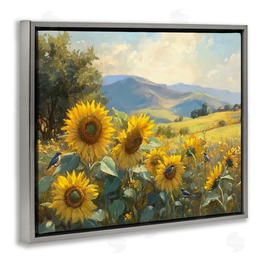 Petal Prints Design Sunflower Dream Distant Mountains Gray Floating Frame Canvas Wall Art Print