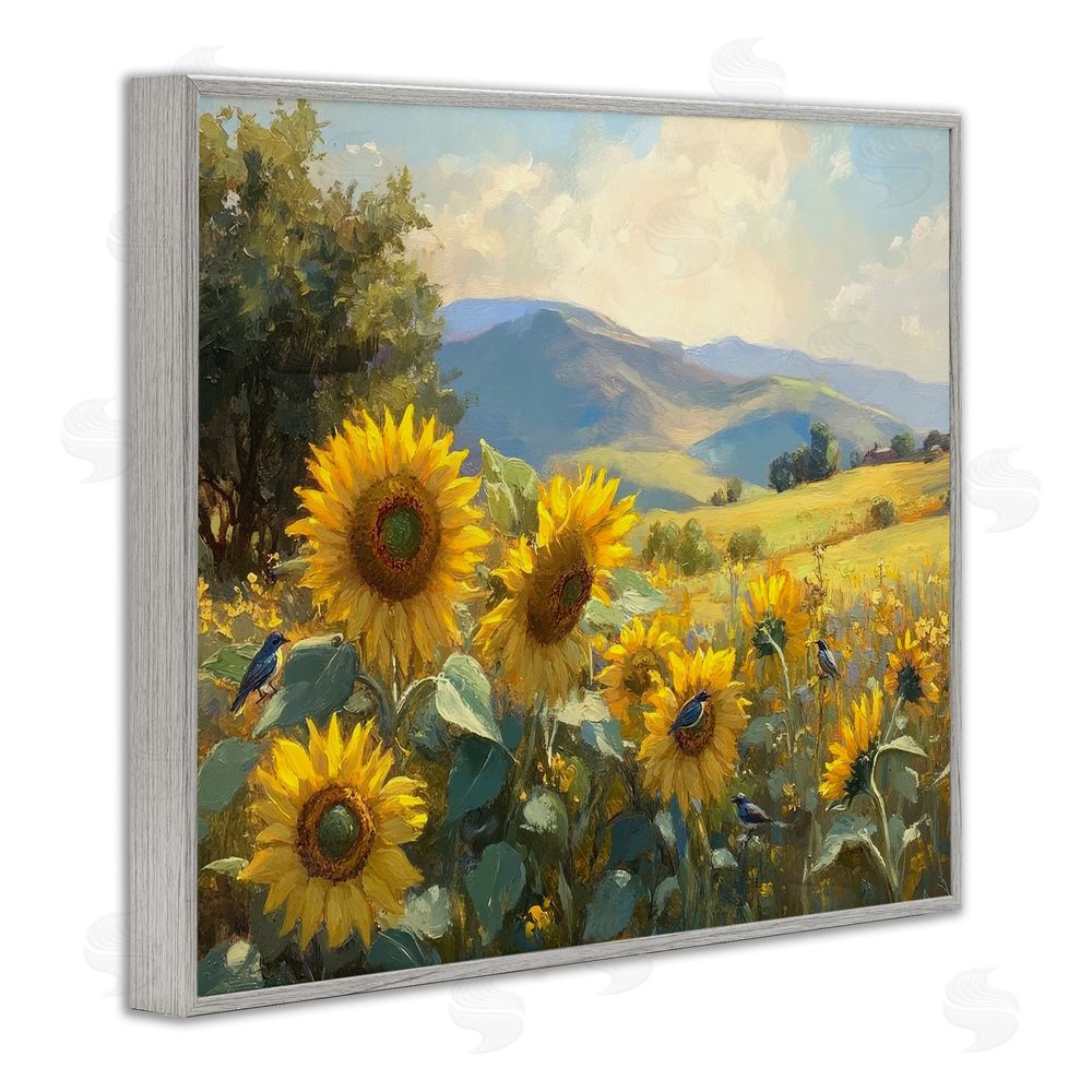 Petal Prints Design Sunflower Dream Distant Mountains Gray Framed Giclee Wall Art Print