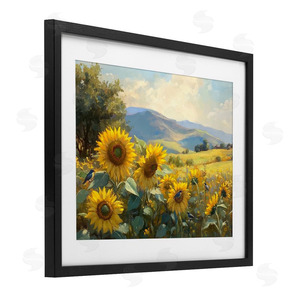 Petal Prints Design Sunflower Dream Distant Mountains Black Framed Print Under Glass with White Mat Wall Art