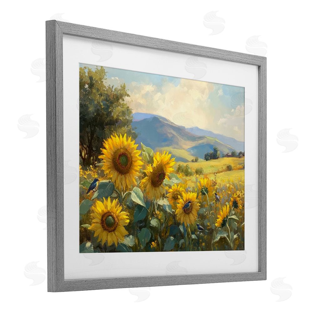 Petal Prints Design Sunflower Dream Distant Mountains Gray Framed Print Under Glass with White Mat Wall Art