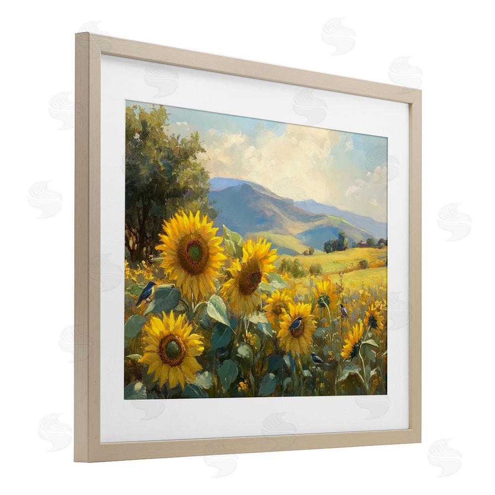 Petal Prints Design Sunflower Dream Distant Mountains Birch Framed Print Under Glass with White Mat Wall Art