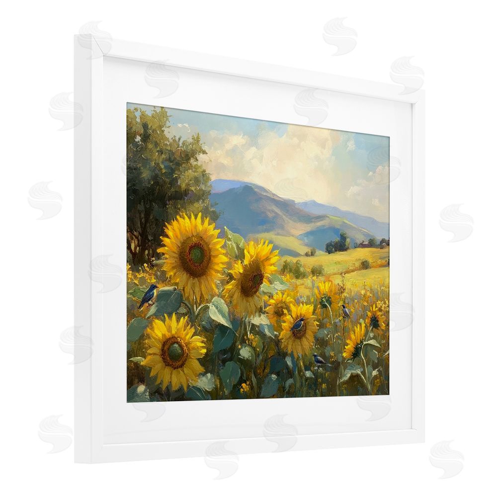 Petal Prints Design Sunflower Dream Distant Mountains White Framed Print Under Glass with Mat Wall Art