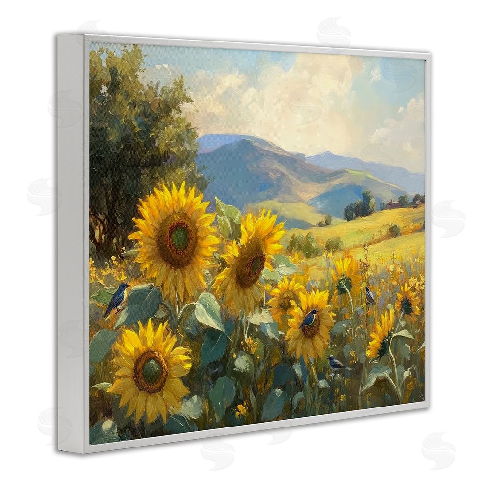 Petal Prints Design Sunflower Dream Distant Mountains White Framed Giclee Wall Art Print