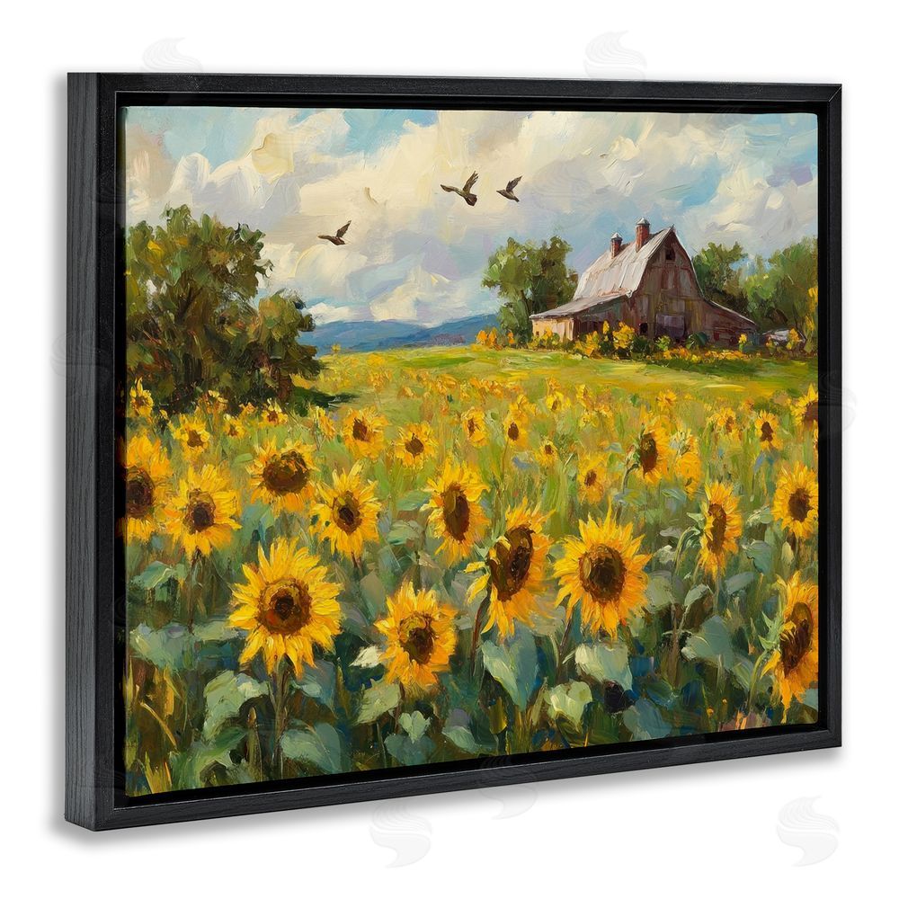 Petal Prints Design Sunflower Farm Floral Field Black Floating Frame Canvas Wall Art Print