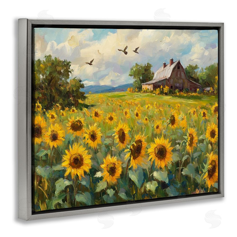 Petal Prints Design Sunflower Farm Floral Field Gray Floating Frame Canvas Wall Art Print
