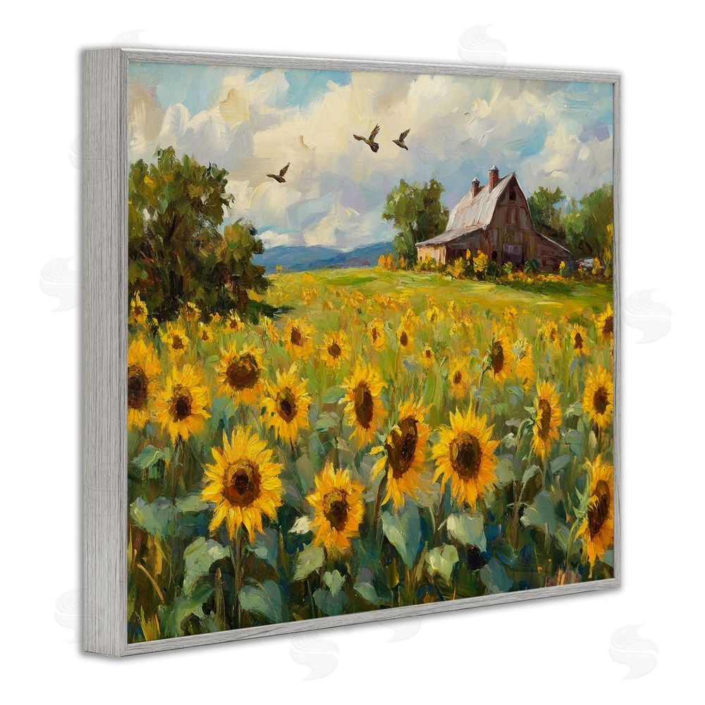 Petal Prints Design Sunflower Farm Floral Field Gray Framed Giclee Wall Art Print