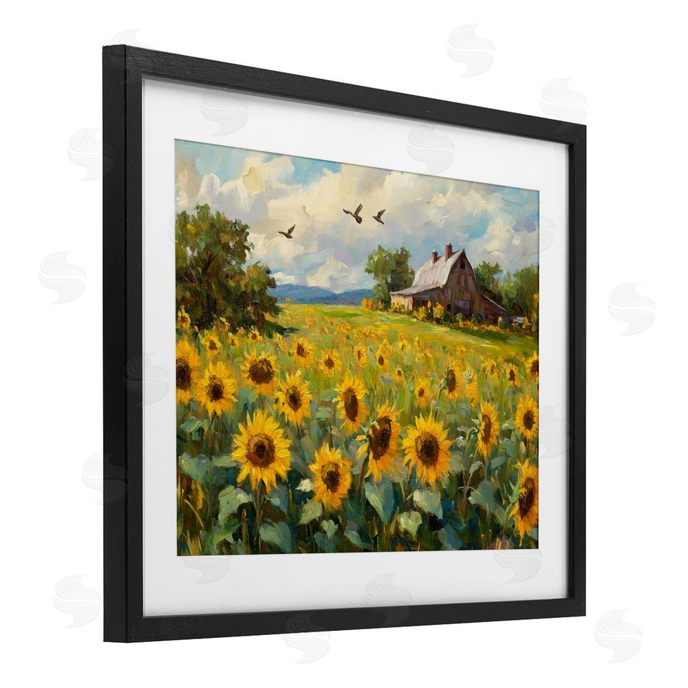 Petal Prints Design Sunflower Farm Floral Field Black Framed Print Under Glass with White Mat Wall Art