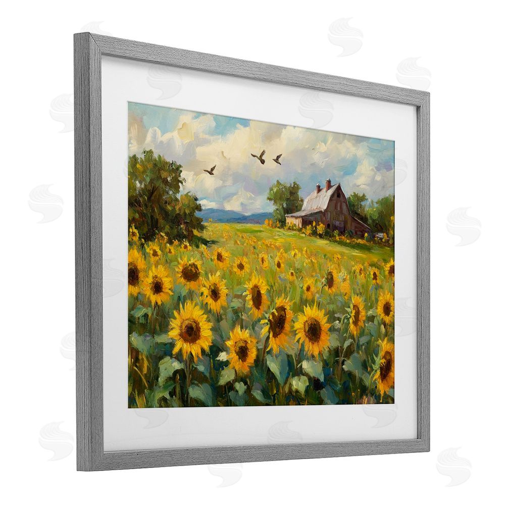 Petal Prints Design Sunflower Farm Floral Field Gray Framed Print Under Glass with White Mat Wall Art
