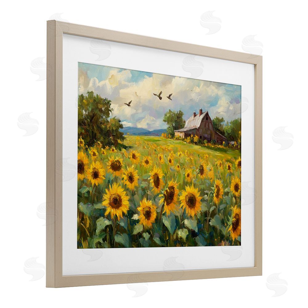 Petal Prints Design Sunflower Farm Floral Field Birch Framed Print Under Glass with White Mat Wall Art