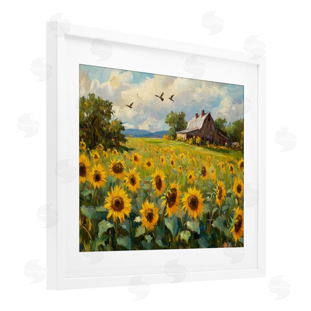 Petal Prints Design Sunflower Farm Floral Field White Framed Print Under Glass with Mat Wall Art
