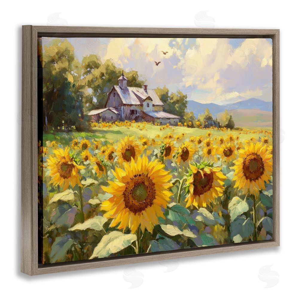 Petal Prints Design Sunflower Church Floral Field Brown Floating Frame Canvas Wall Art Print
