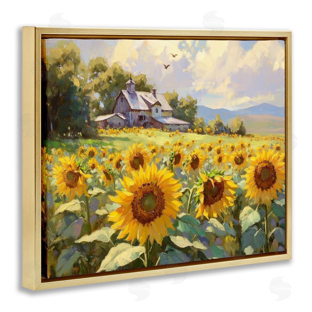 Petal Prints Design Sunflower Church Floral Field Gold Floating Frame Canvas Wall Art Print