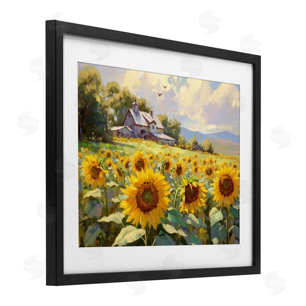 Petal Prints Design Sunflower Church Floral Field Black Framed Print Under Glass with White Mat Wall Art