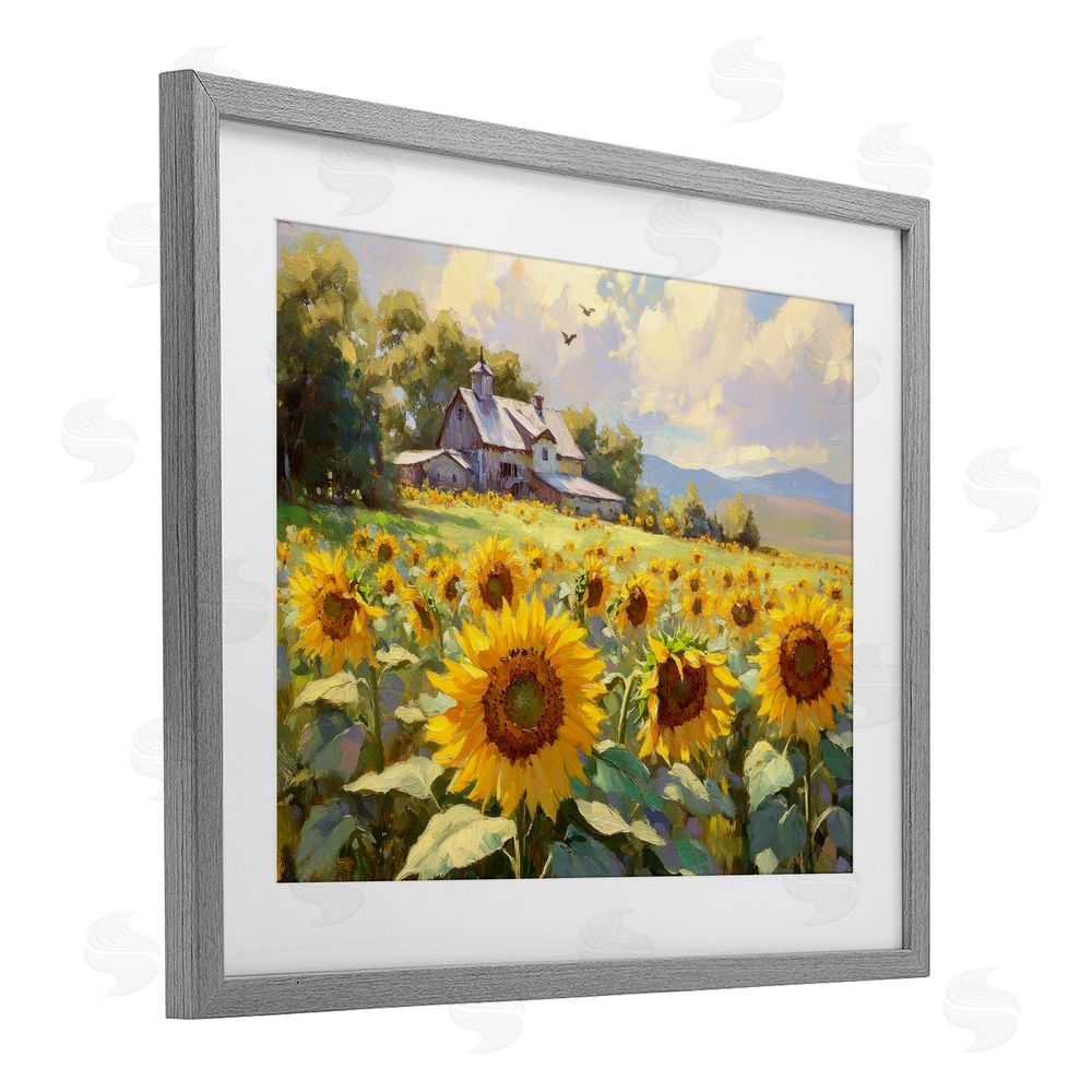 Petal Prints Design Sunflower Church Floral Field Gray Framed Print Under Glass with White Mat Wall Art