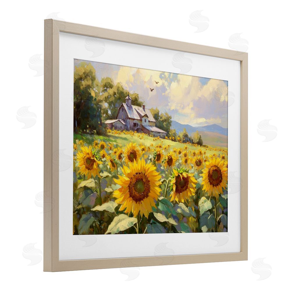 Petal Prints Design Sunflower Church Floral Field Birch Framed Print Under Glass with White Mat Wall Art