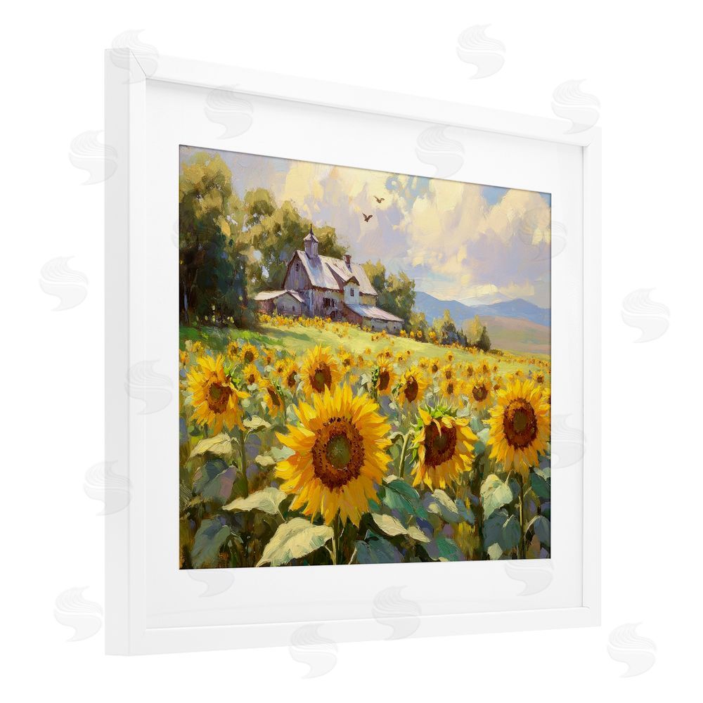Petal Prints Design Sunflower Church Floral Field White Framed Print Under Glass with Mat Wall Art