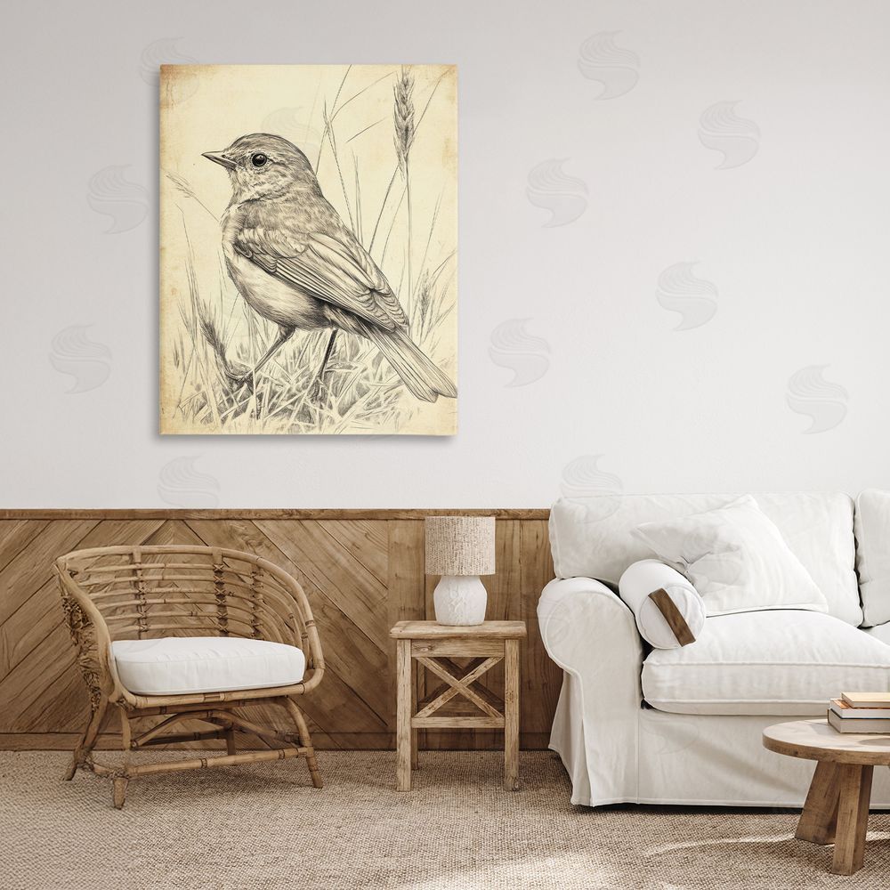 Petal Prints Design Vintage Small Sketched Bird Canvas Art on Wall