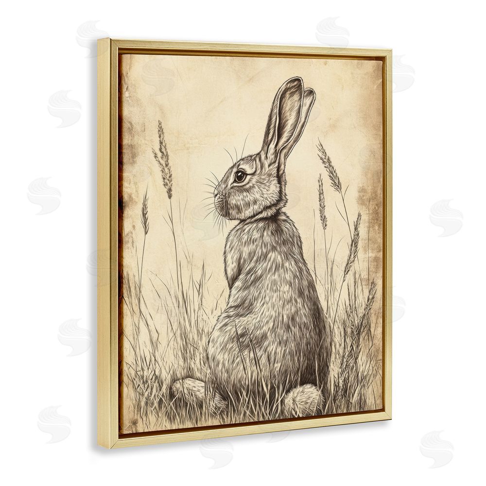 Petal Prints Design Vintage Aged Bunny Portrait Gold Floating Frame Canvas Wall Art Print