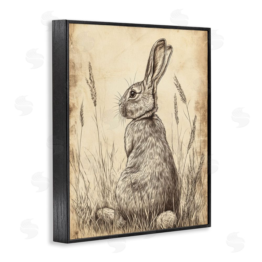 Petal Prints Design Vintage Aged Bunny Portrait Black Framed Giclee Wall Art Print