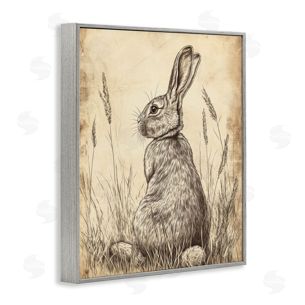 Petal Prints Design Vintage Aged Bunny Portrait Gray Framed Giclee Wall Art Print