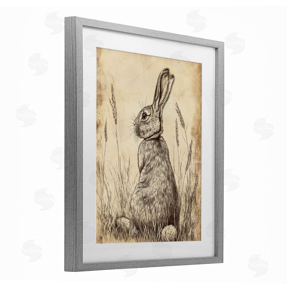 Petal Prints Design Vintage Aged Bunny Portrait Gray Framed Print Under Glass with White Mat Wall Art