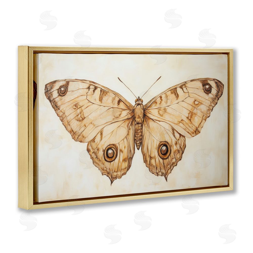Petal Prints Design Sepia Moth Vintage Illustration Gold Floating Frame Canvas Wall Art Print