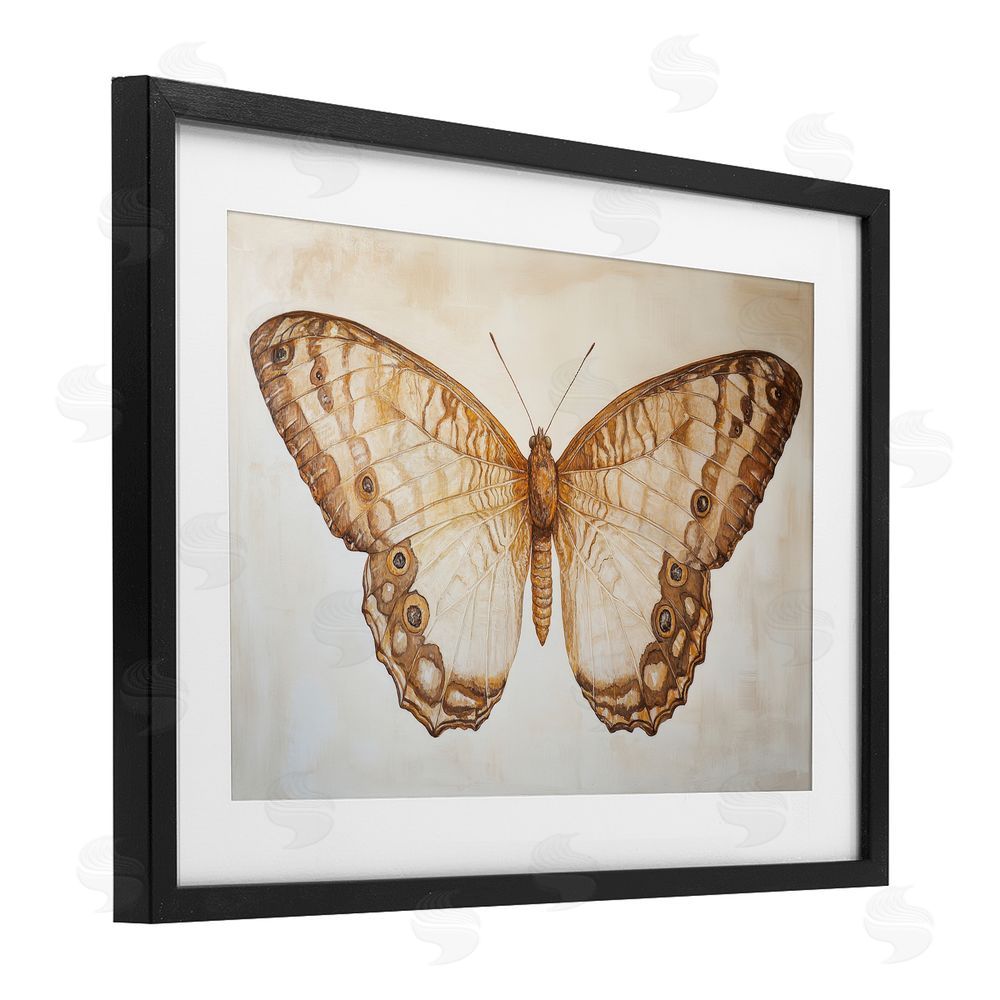 Petal Prints Design Vintage Sepia Moth Illustration Black Framed Print Under Glass with White Mat Wall Art
