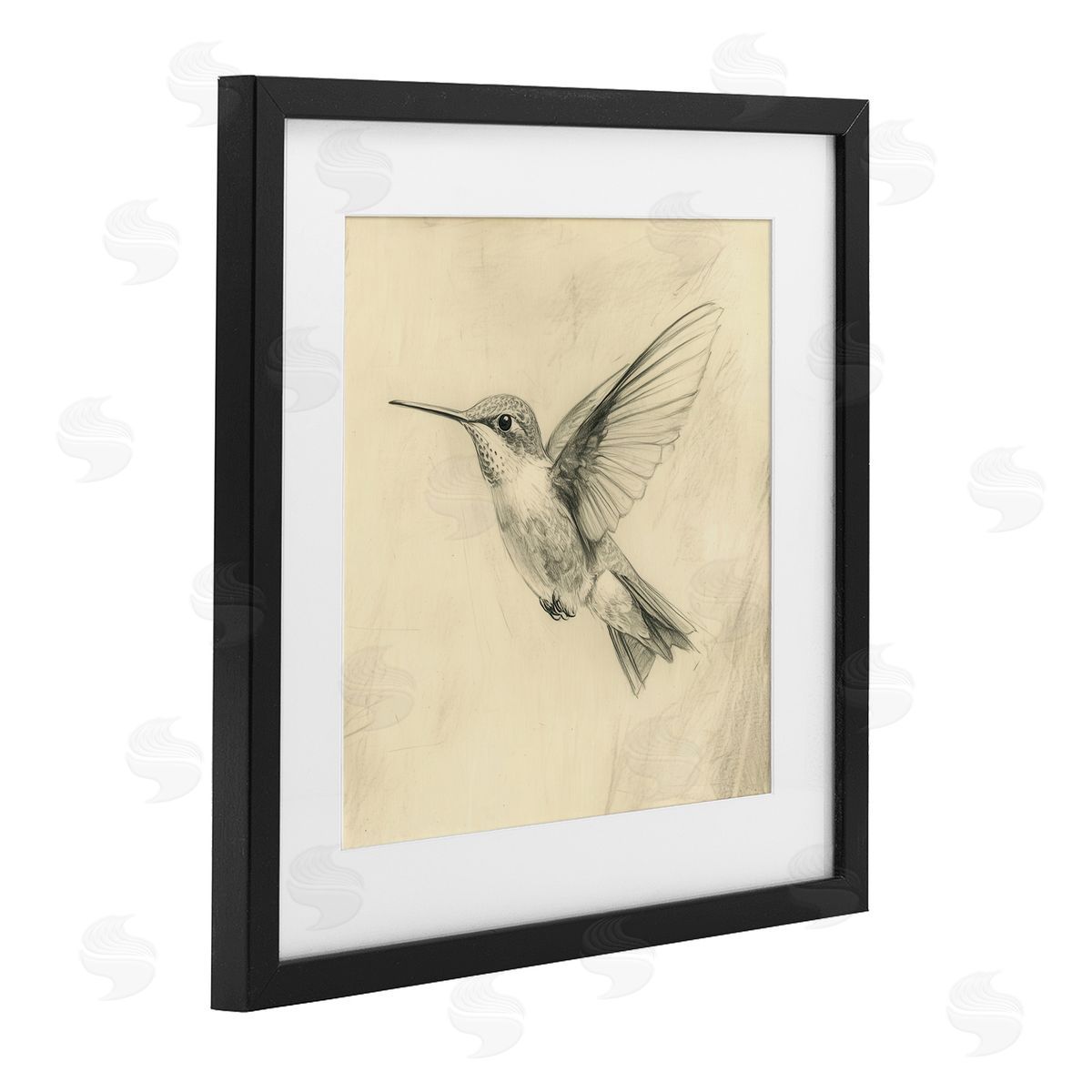 Petal Prints Design Vintage Hummingbird Sketch Black Framed Print Under Glass with White Mat Wall Art