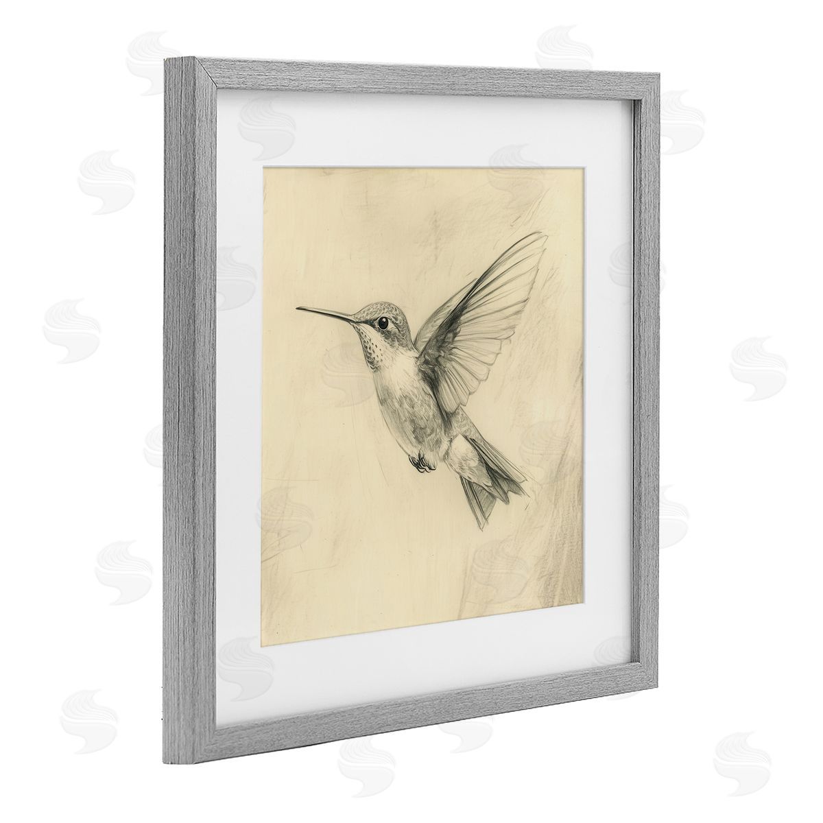 Petal Prints Design Vintage Hummingbird Sketch Gray Framed Print Under Glass with White Mat Wall Art