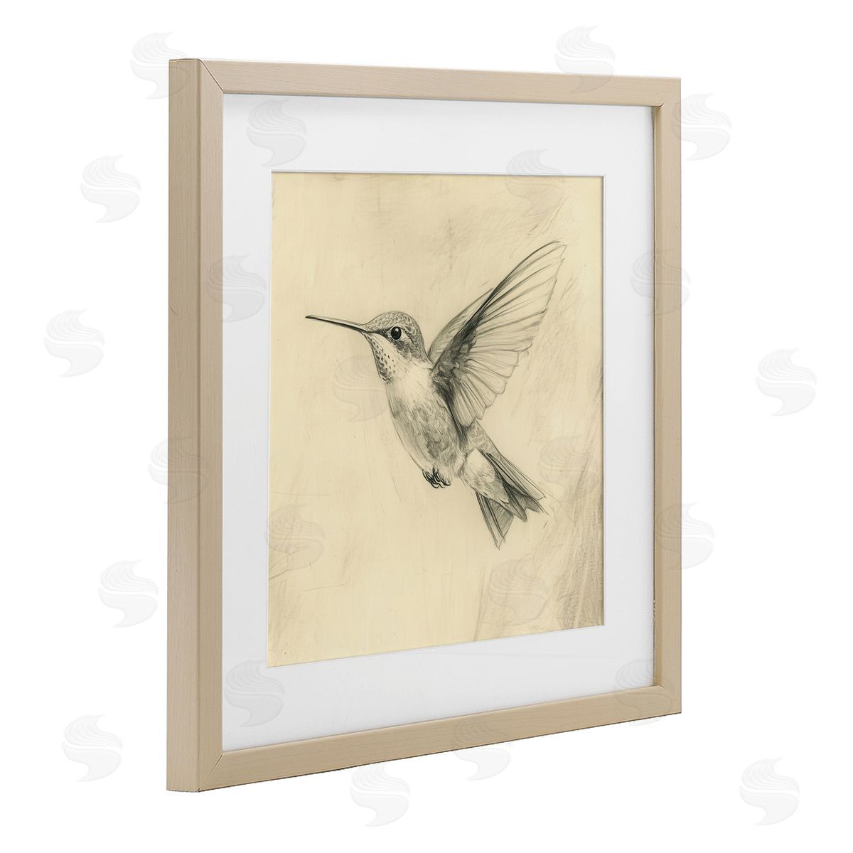 Petal Prints Design Vintage Hummingbird Sketch Birch Framed Print Under Glass with White Mat Wall Art