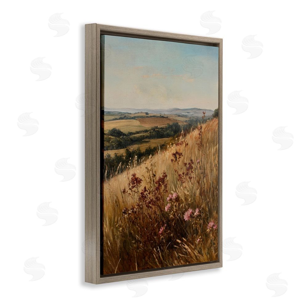Petal Prints Design Simplistic Places Countryside Hill Brown Floating Frame Canvas Wall Art Print