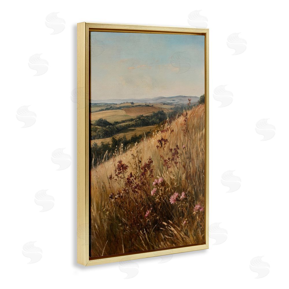 Petal Prints Design Simplistic Places Countryside Hill Gold Floating Frame Canvas Wall Art Print