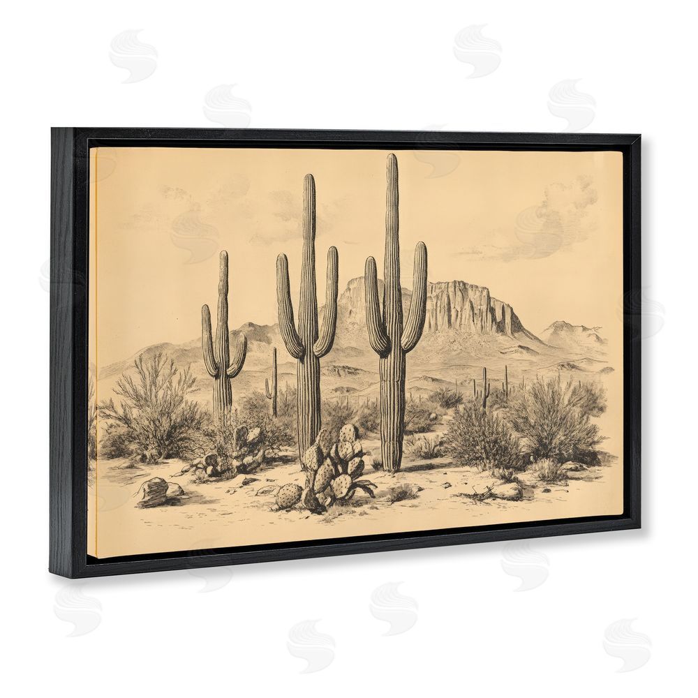 Petal Prints Design Cactus Desert Vintage Landscape Black Floating Frame Canvas Wall Art Print