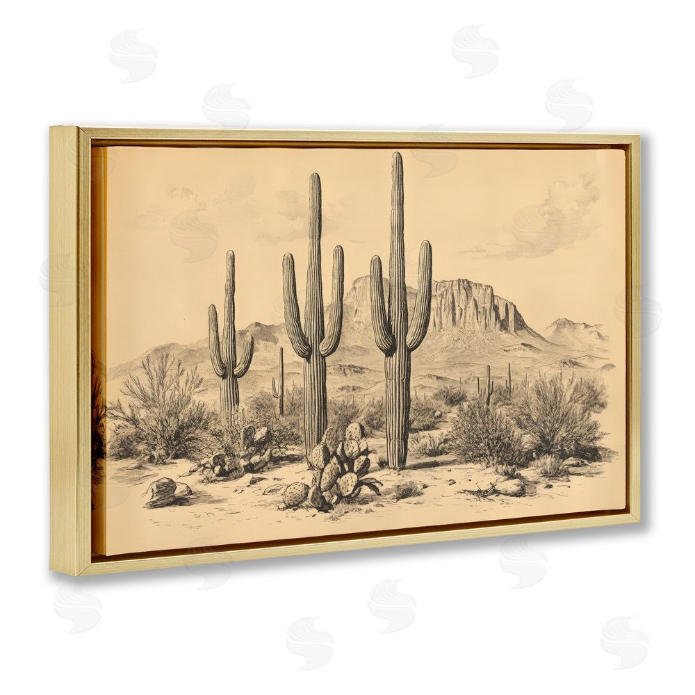 Petal Prints Design Cactus Desert Vintage Landscape Gold Floating Frame Canvas Wall Art Print