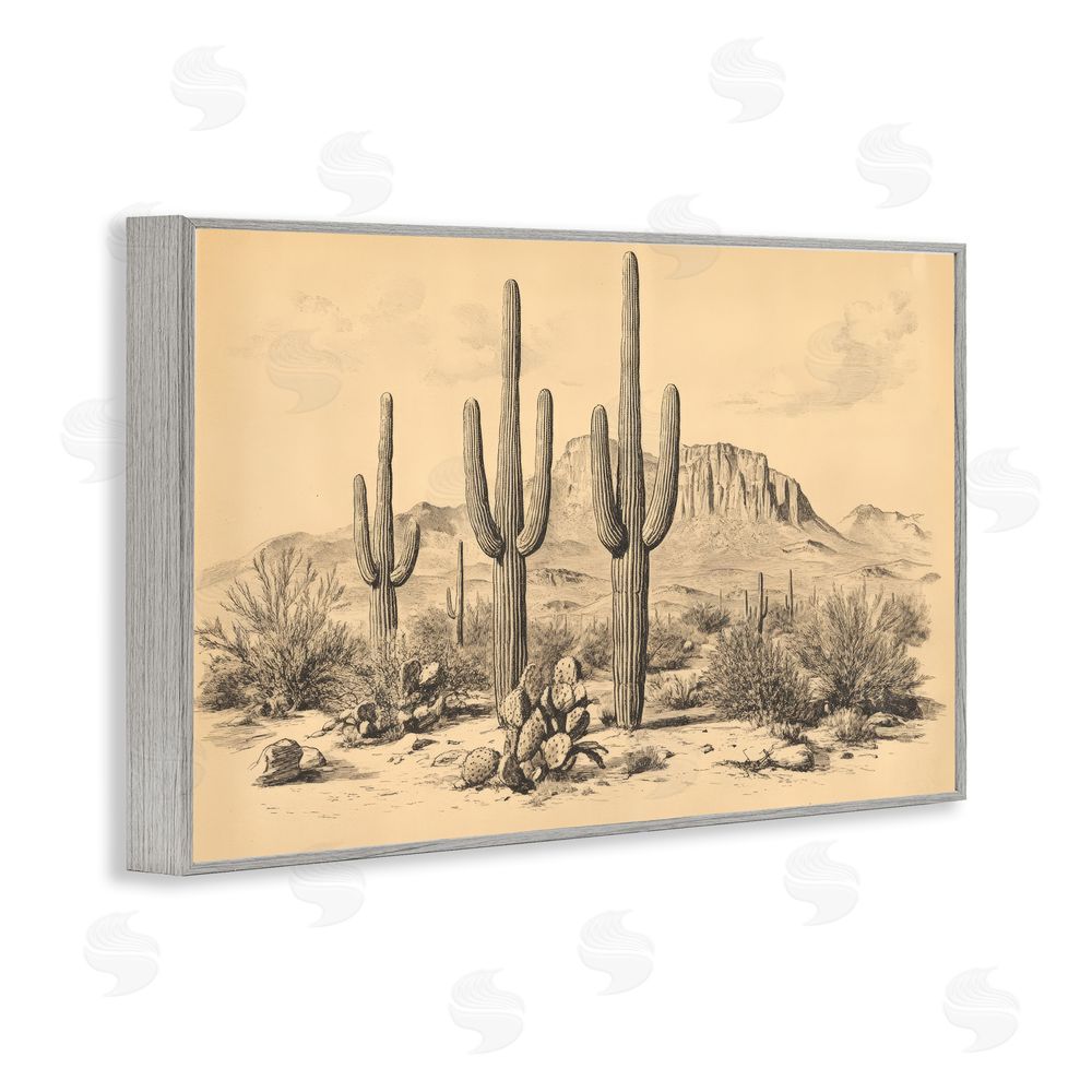 Petal Prints Design Cactus Desert Vintage Landscape Gray Framed Giclee Wall Art Print
