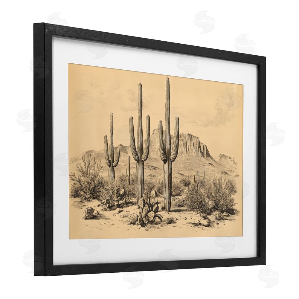 Petal Prints Design Cactus Desert Vintage Landscape Black Framed Print Under Glass with White Mat Wall Art