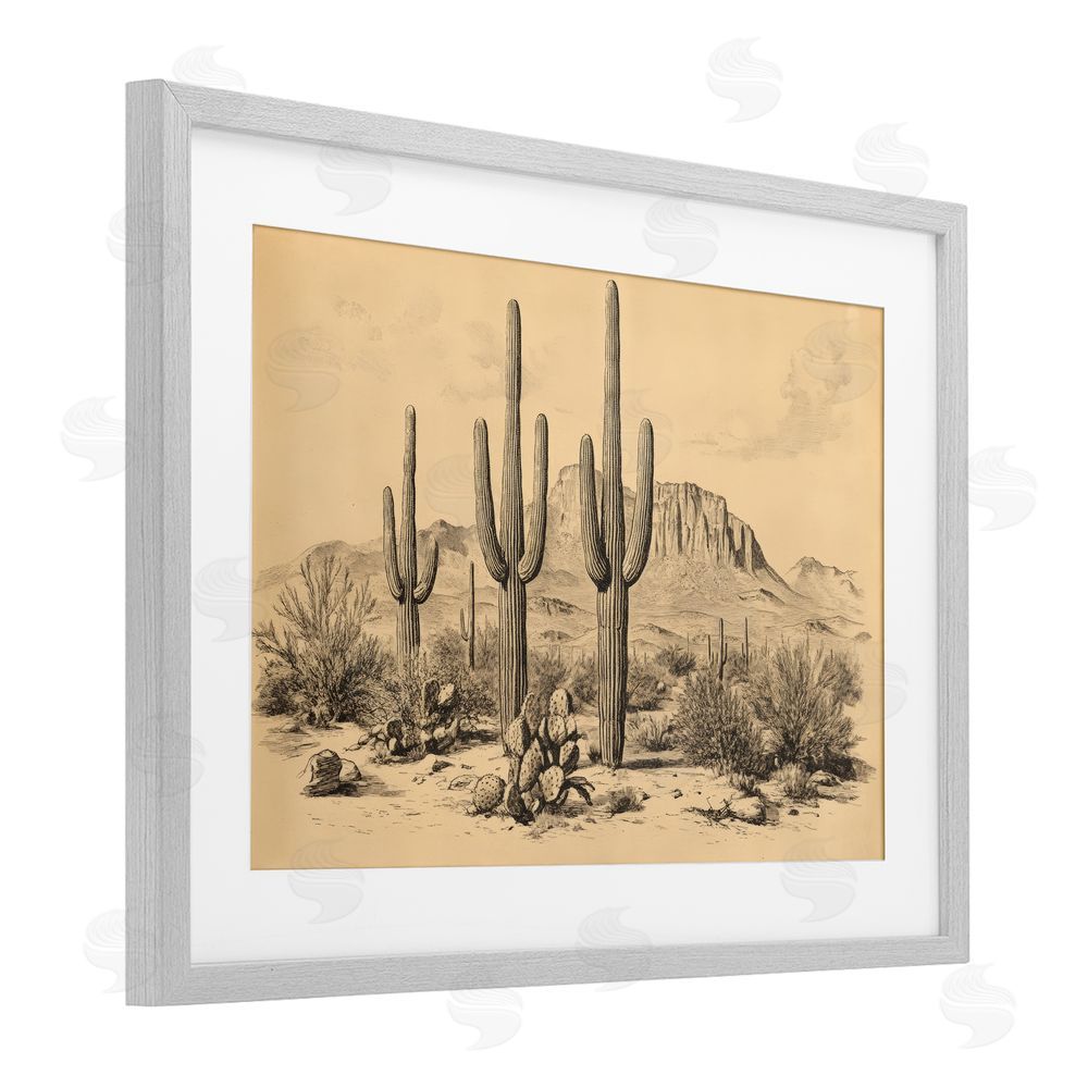 Petal Prints Design Cactus Desert Vintage Landscape Gray Framed Print Under Glass with White Mat Wall Art