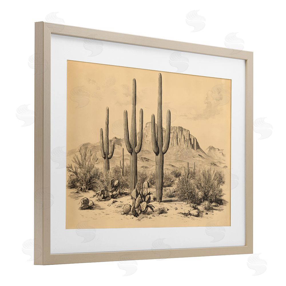 Petal Prints Design Cactus Desert Vintage Landscape Birch Framed Print Under Glass with White Mat Wall Art