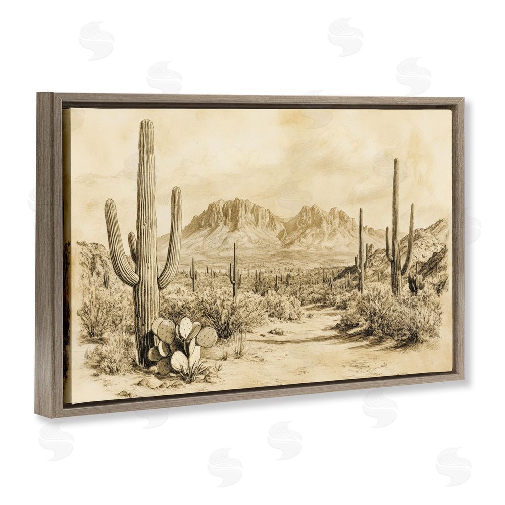 Petal Prints Design Cactus Road Vintage Desert Brown Floating Frame Canvas Wall Art Print