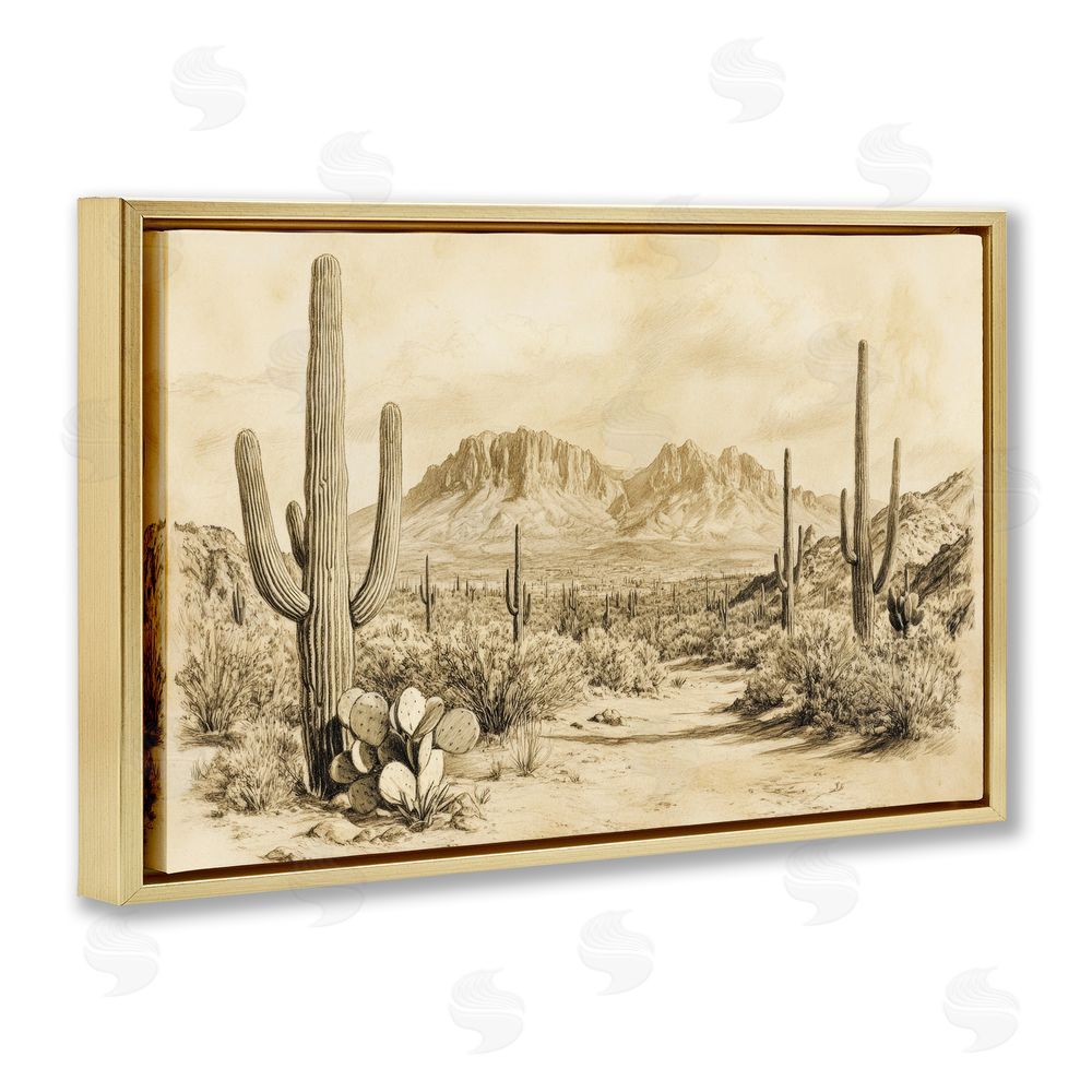Petal Prints Design Cactus Road Vintage Desert Gold Floating Frame Canvas Wall Art Print