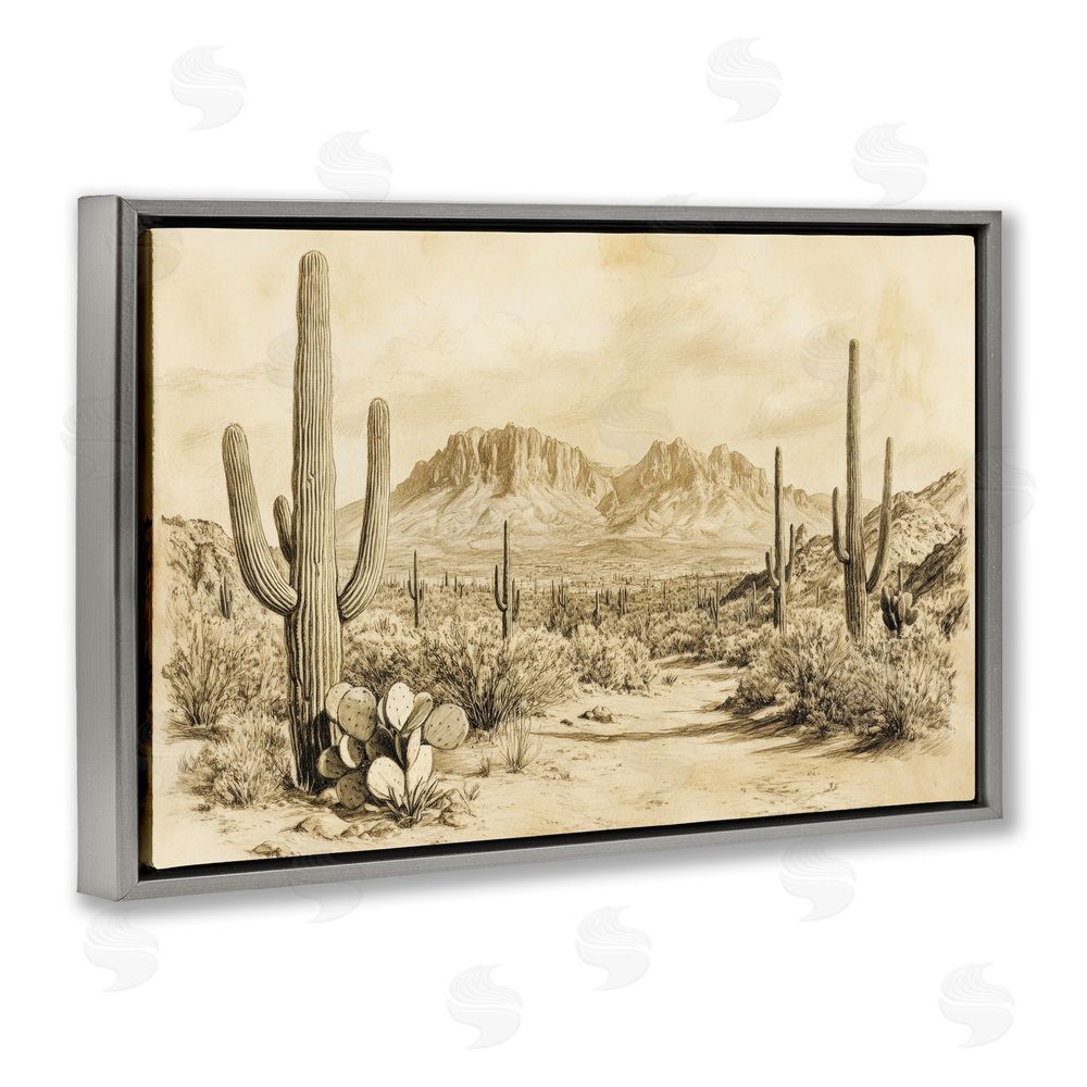Petal Prints Design Cactus Road Vintage Desert Gray Floating Frame Canvas Wall Art Print