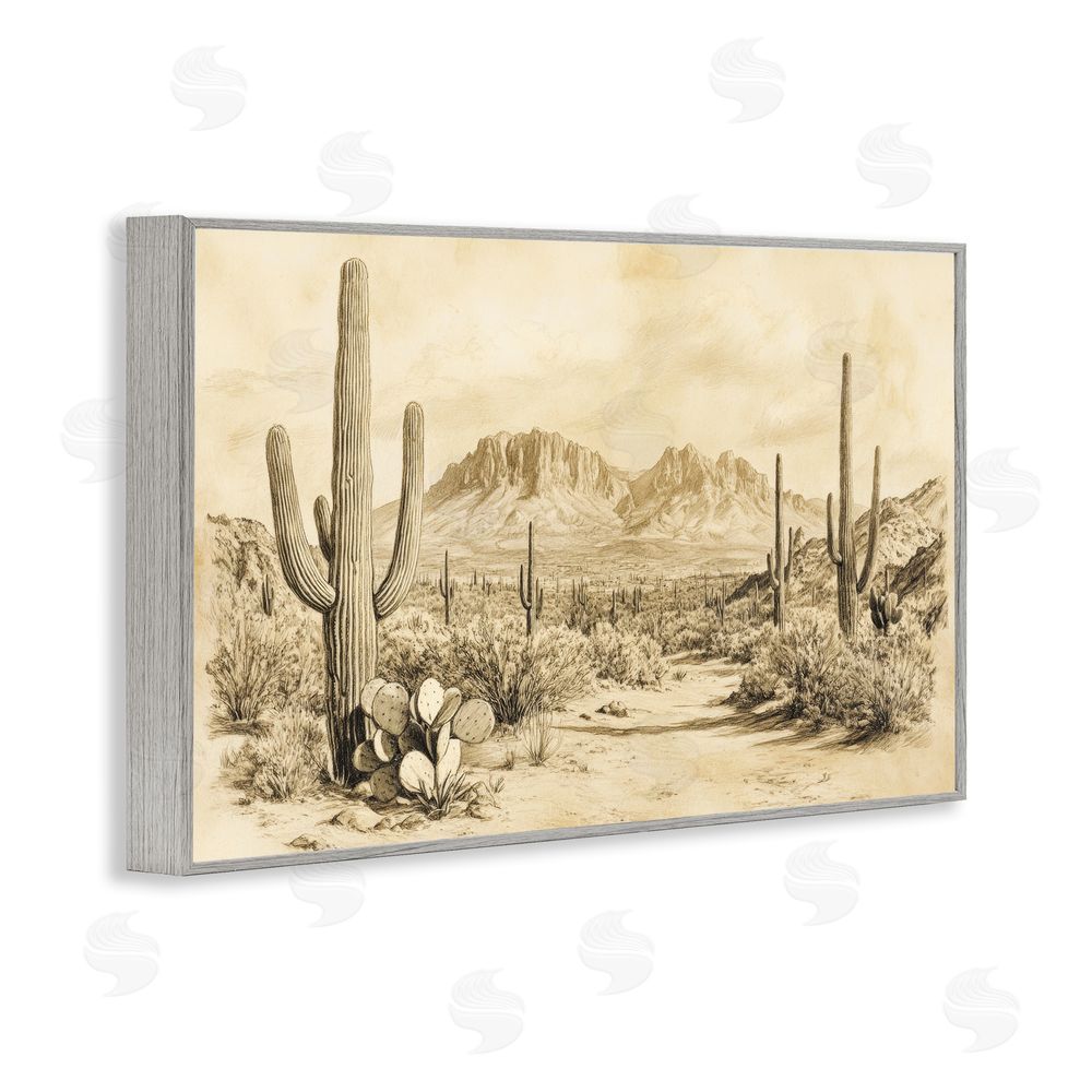 Petal Prints Design Cactus Road Vintage Desert Gray Framed Giclee Wall Art Print
