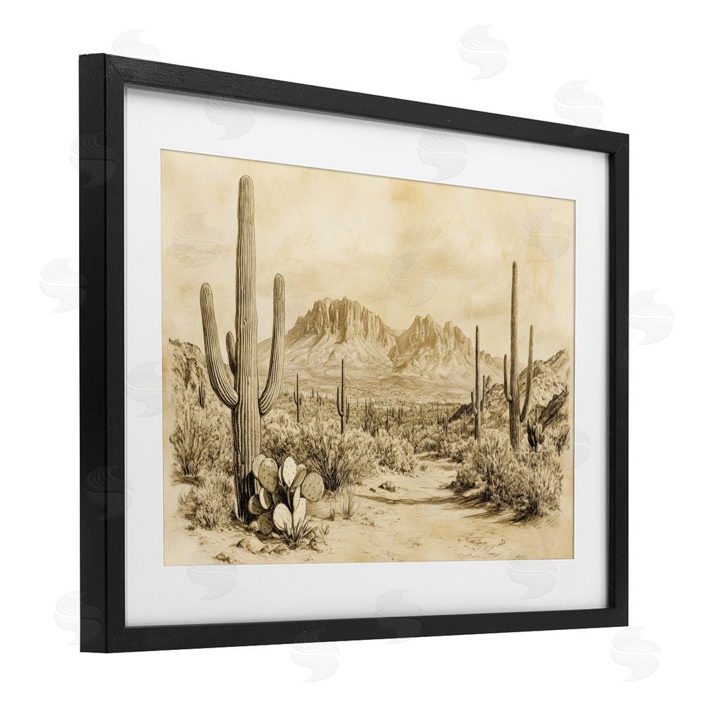 Petal Prints Design Cactus Road Vintage Desert Black Framed Print Under Glass with White Mat Wall Art