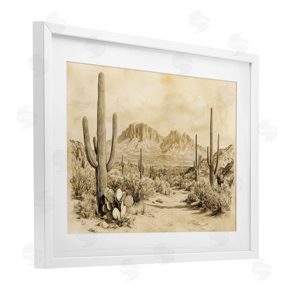 Petal Prints Design Cactus Road Vintage Desert White Framed Print Under Glass with Mat Wall Art