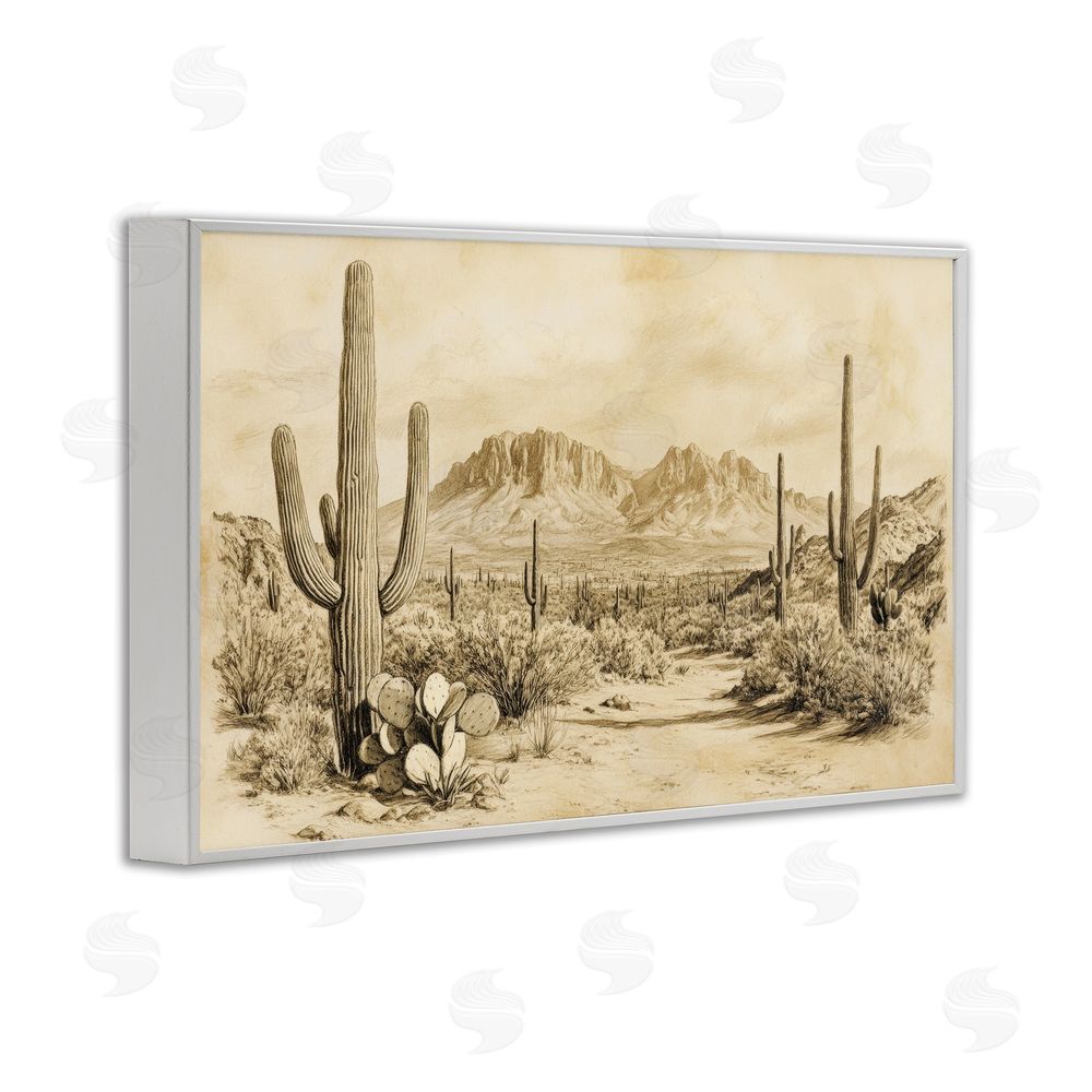 Petal Prints Design Cactus Road Vintage Desert White Framed Giclee Wall Art Print
